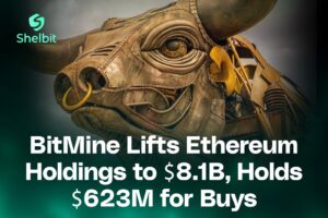 BitMine logo with Ethereum coin symbol and financial growth chart, representing $8.1 billion Ethereum holdings and $623 million cash reserves.